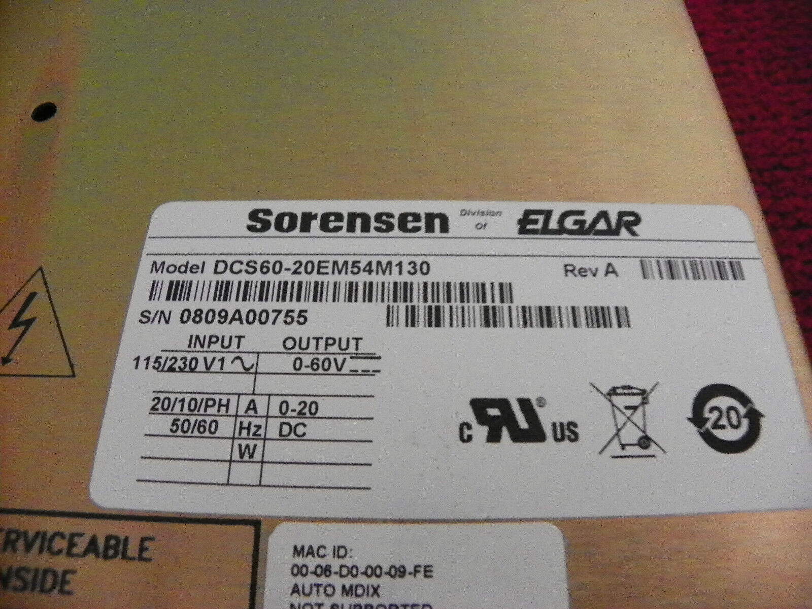 Sorensen DCS60-20E M54M130 60V, 20A,1.2 kW, Prog. DC Power Supply Sorensen DCS60-20E M54M130 60V, 20A,1.2 kW, Prog. DC Power Supply